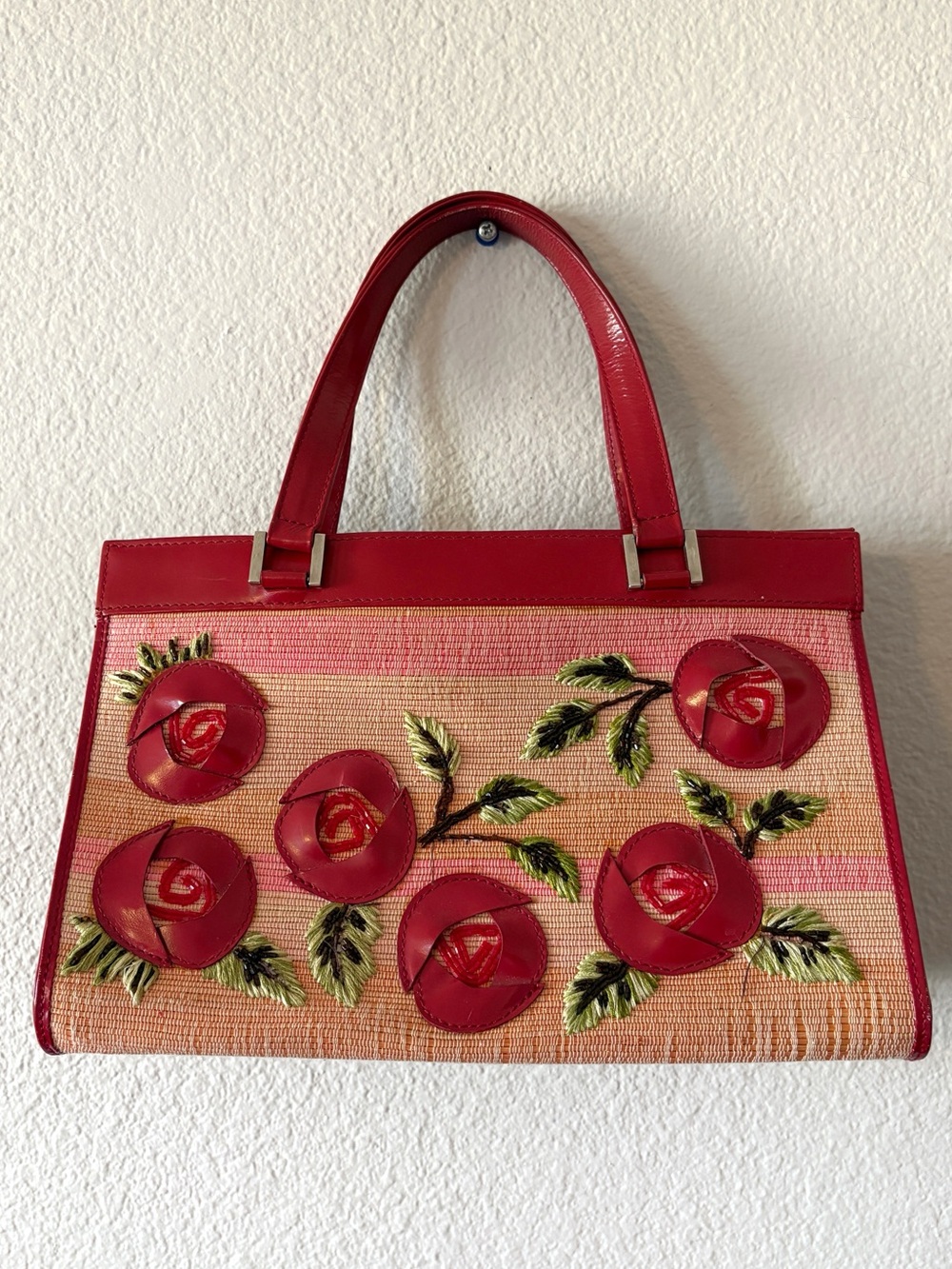 Red Floral Appliqué Straw Satchel with Red Leather Trim